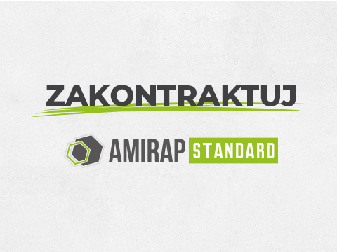 Napis: zakontraktuj, logo Amirap Standard na szarym tle