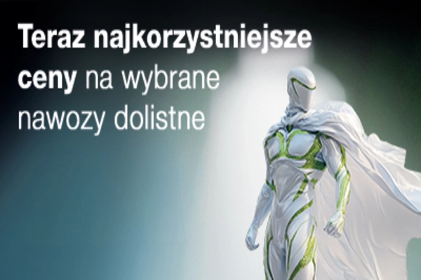 Reklama nawozów dolistnych z postacią przypominającą superbohatera i napisem o promocyjnych cenach.