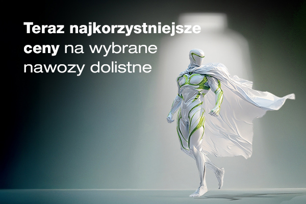 Reklama nawozów dolistnych z postacią przypominającą superbohatera i napisem o promocyjnych cenach.